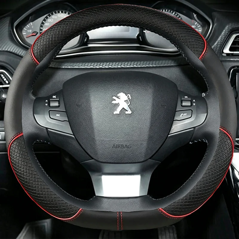 For Peugeot 308 307 2016-2019 Hand Stitched Black Stitch Car Steering Wheel Cover DIY Non-slip Leather Car Interior