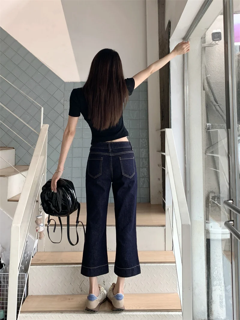 Retro Women Mid Low Waist Flare Jeans Contrast Stitch Wash Denim Cropped Pants