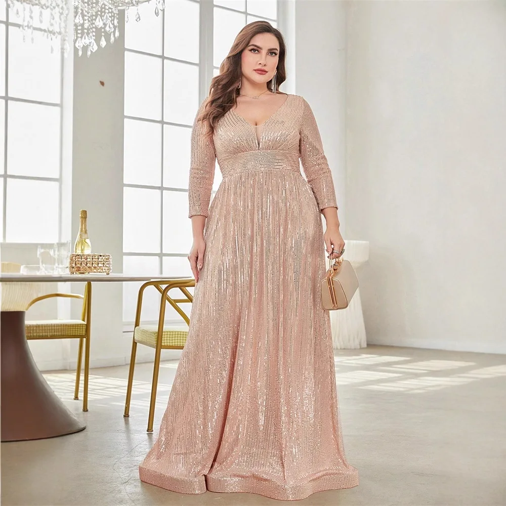 

Elegant Long Sleeve V-Neck Sequin Evening Gown Large Size Cross-Border Party Dress Low Waist Sash Style Silk Fabric