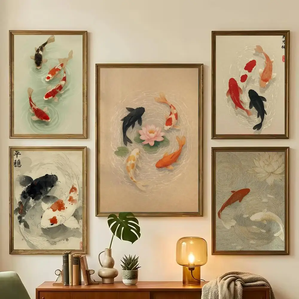Japanese Koi Fish Poster Minimalist Asian Zen Wall Art Japandi Pond Print Home Decor Poster HD
