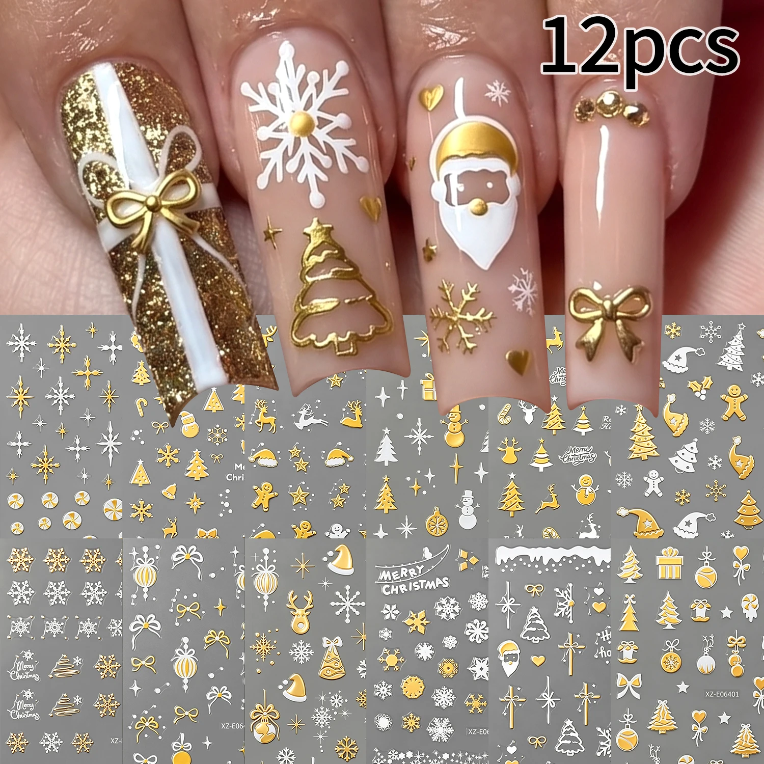 12Pcs Xmas Nail Art Stickers Golden Hot Stamping Nail Decals Mixed Winter Elements Nail Slider Salon & Home Christmas Manicure *