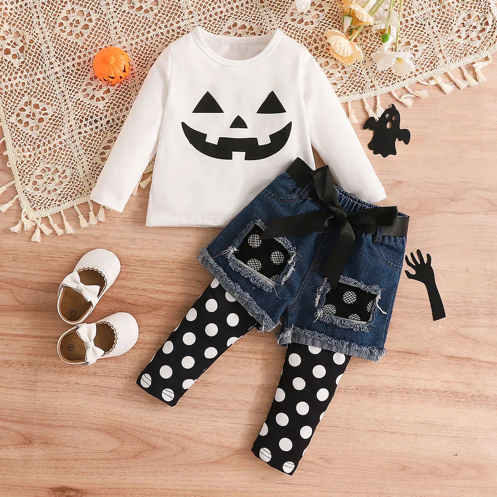 Halloween Kid\'s Clothes Set Pumpkin Print Long Sleeve T-shirt Ripped Denim Shorts and Dot Legging 3Pcs Suit for Girls