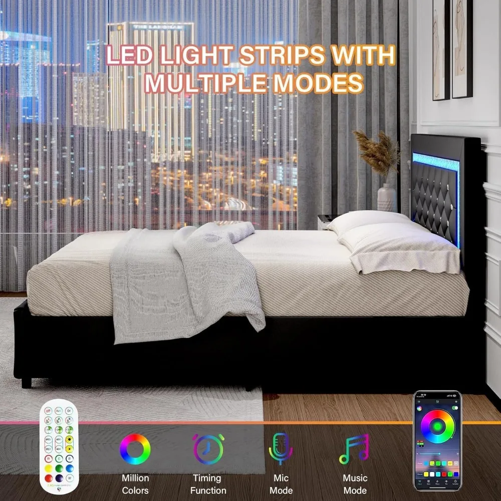 Full Size Estofados Quadro Cama com Luzes LED, 4 Gavetas De Armazenamento, Plataforma, Diamante Cabeceira e Footboard, Cama Quadro