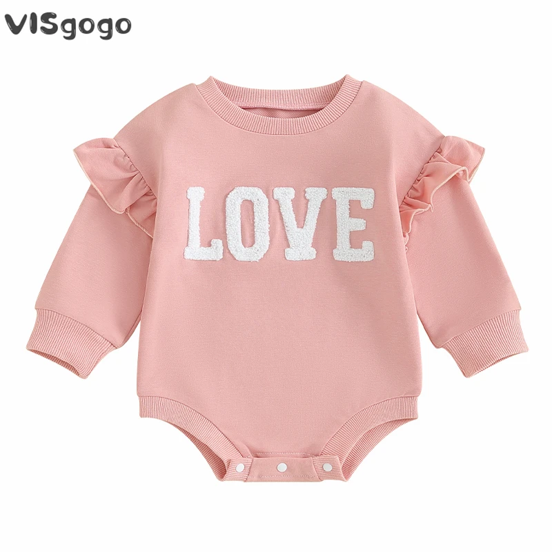 

VISgogo 0-18M Newborn Baby Girls Crew Neck Rompers Bodysuits Long Sleeve Ruffle Letter Embroidery Casual Sweatshirt Rompers