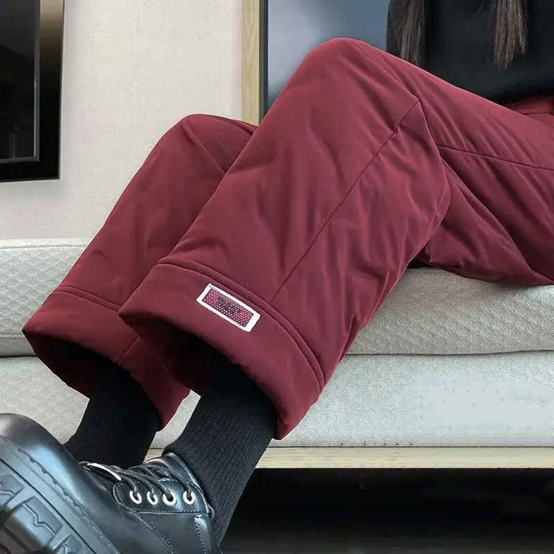 

Универсальные красные хлопковые брюки для женщин, зимняя верхняя одежда, утепленные пухом, морозостойкие, с высокой талией, длинные брюки, женская мода