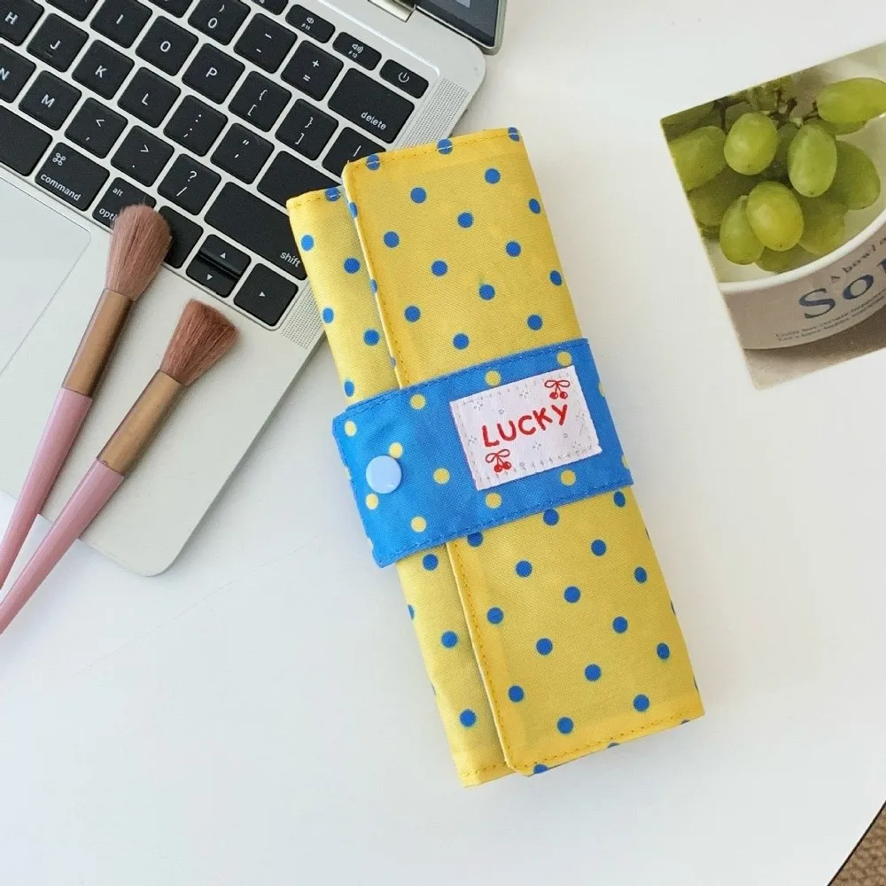 Canvas Polka Dot Makeup Brush Bag Foldable Large Capacity Cosmetic Tools Storage Roll Portable Independent Slots