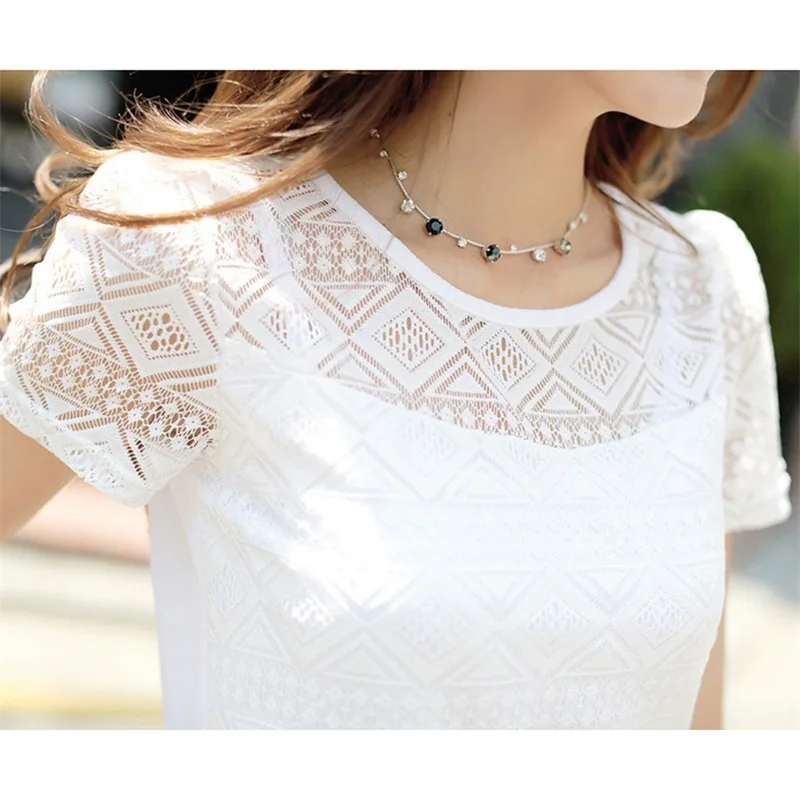 Women's Lace Hollow Embroidery White Elegant Blouse Summer Trendy O Neck Short Sleeve Cotton Shirt Sweet Chic Top Female Blouse