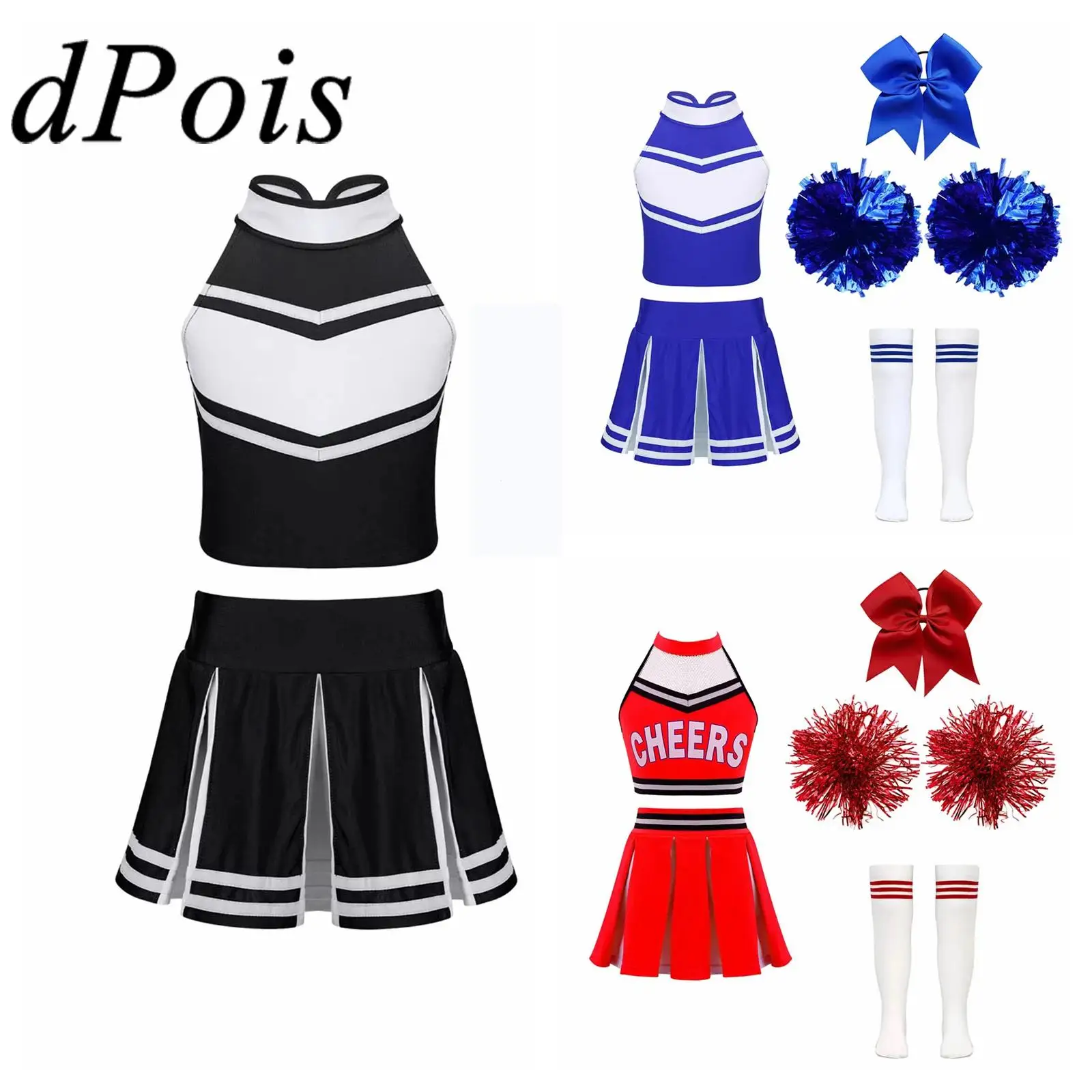 

School Girls Cheerleader Uniforms Children Cosplay Cheerleading Costume Set Cheer Dance Tops Pleated Skirt Hand Flowers Socks
