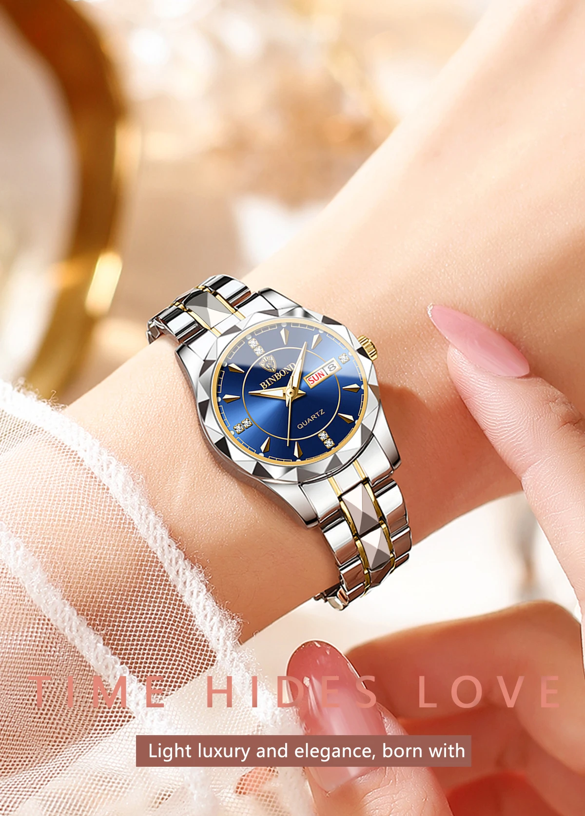 BINBOND Luxus-Quarz-Armbanduhren für Damen, leuchtend, wasserdicht, Wochenanzeige, automatisches Datum, Damenuhren, modisch, lässig, Reloj – Detail 2