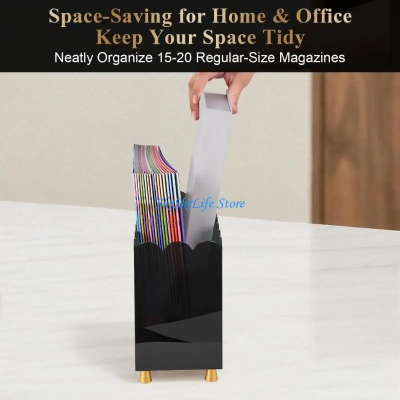 E65E Acrylic Magazine Rack Desk File Stand with Open Top Vertical Storage, Scalloped Design and Raised Feet for Office