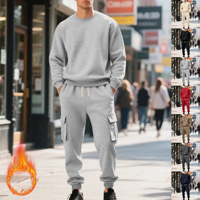 

European American Autumn Winter New Men's Suit Heavyweight Fleece Lined Loose Casual Sports Cargo Pants Crew Neck Sweatshirt2Set
