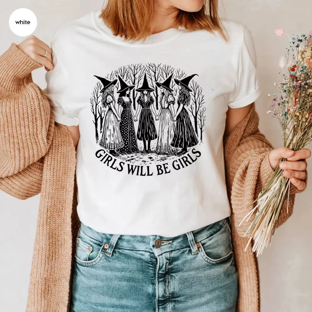 Koszulka Dziewczęca z Nadrukiem: Wiedźmy Są Dziewczynami, Śmieszne Koszulki z Wiedźmami, Girl Power, Damskie Ubrania Vintage, Koszulki z Motywem Wiedźmy, Codzienna Odzież Uliczna