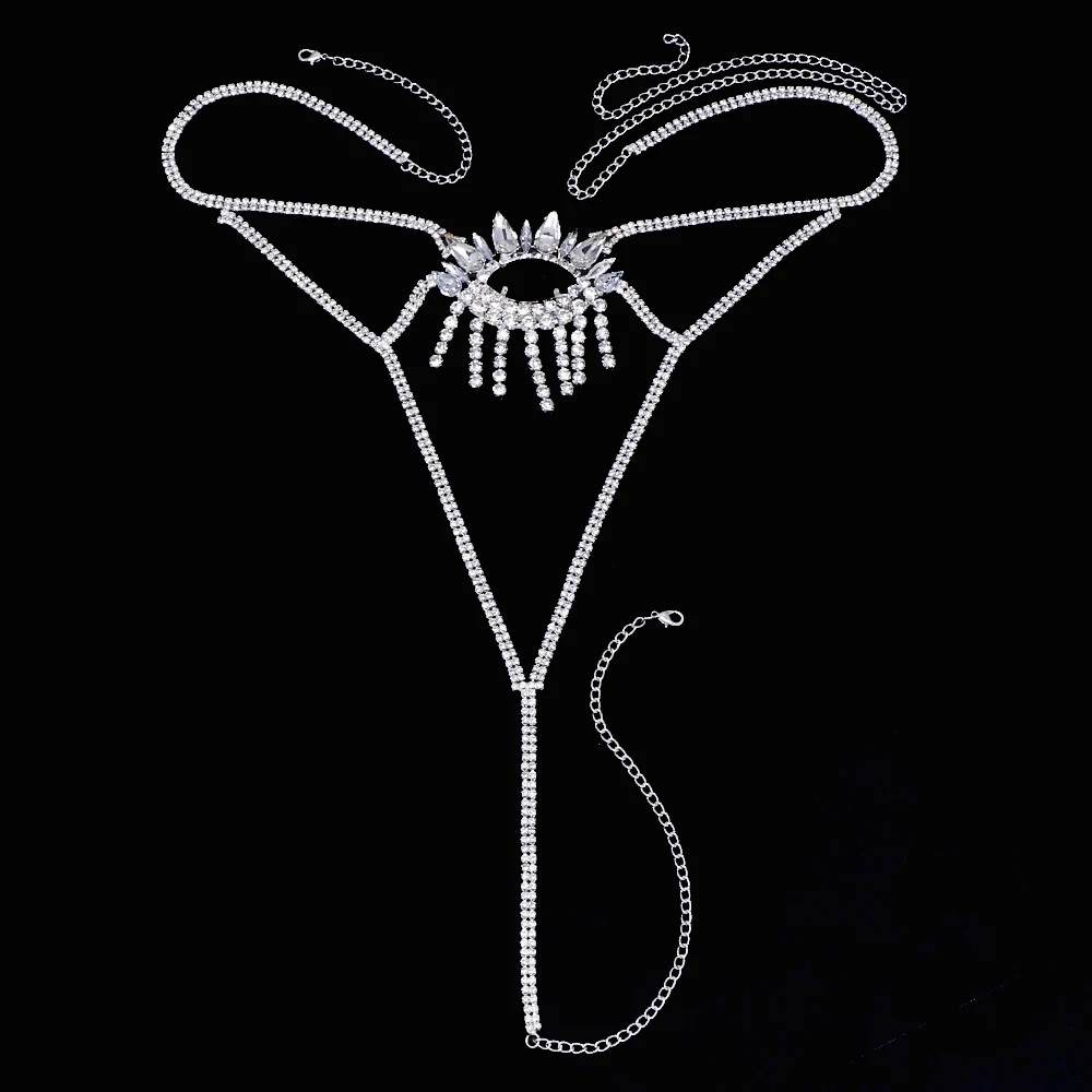 Summer Sexy Black Evil Eye Panties Thong for Women Bikini Body Jewelry Rave Hollow Rhinestone Thong Chain Beachwear Adjustable