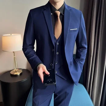 Suit (Blazer+ Vest + Trousers) Men's Fashionable Gentleman Business British Style Solid-color Banquet Host Casual Wedding Suit 4