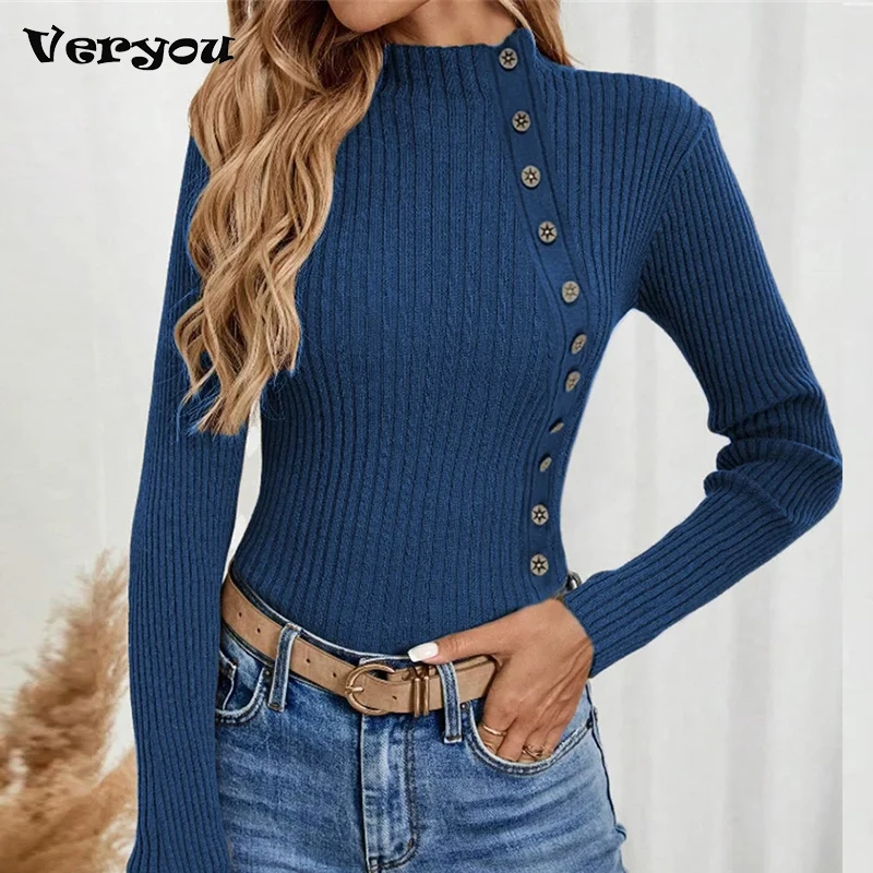 Autumn Winter Knitter Sweater Women Solid Color Pullover Button Blouses Long Sleeve Casual Sweaters For Women Shirt Slim Tops