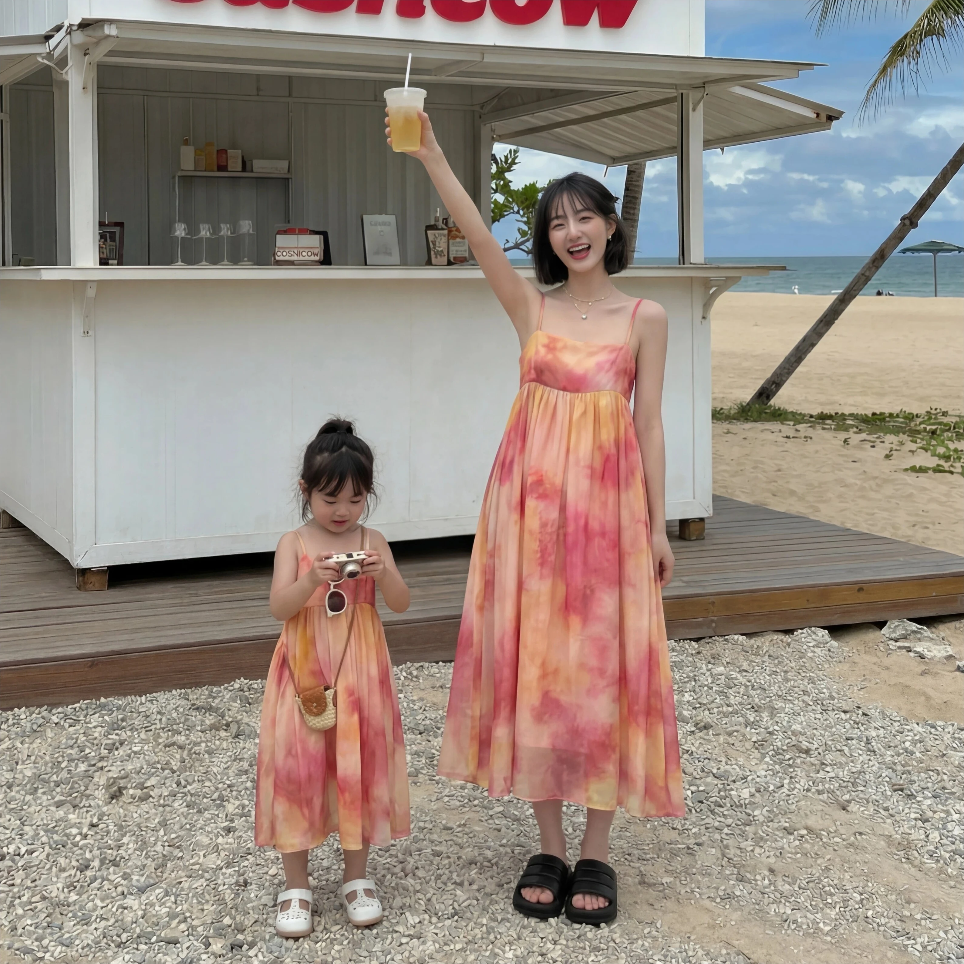 2026 Summer Boho Mom & Me Matching Outfits Sunset Ombre Tie-Dye Maxi Dress for Beach Vacation Photoshoot