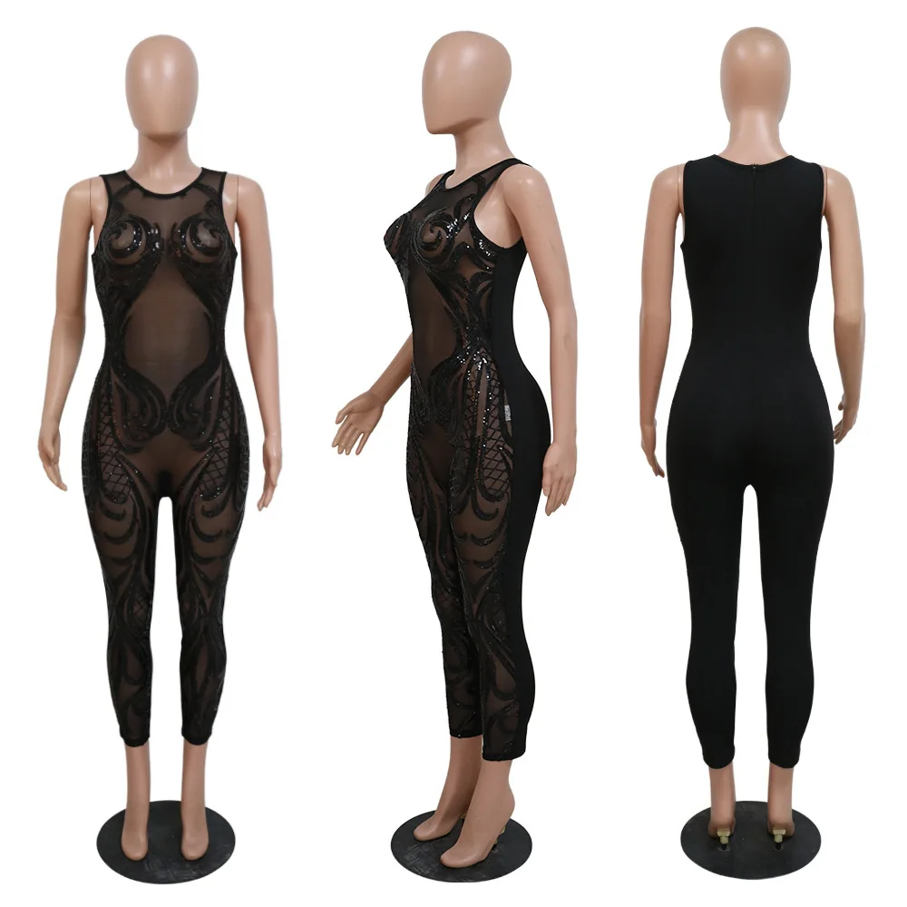 Sexy Black See Through Sequin Jumpsuit Women Sparkly Sheer Mesh Bodycon Romper Sleeveless One Pieces Night Club Outfit Overalls