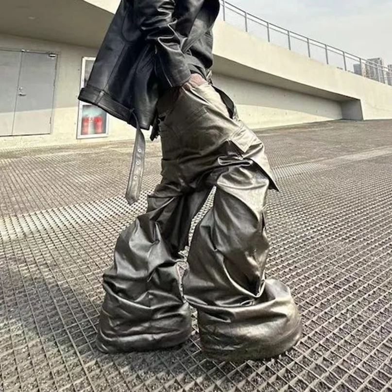 High Street Vintage Matte Coated Cargos  for Men and Women Wide Leg Drawstring Baggy Leather Pants Oversized Cleanfit Trousers