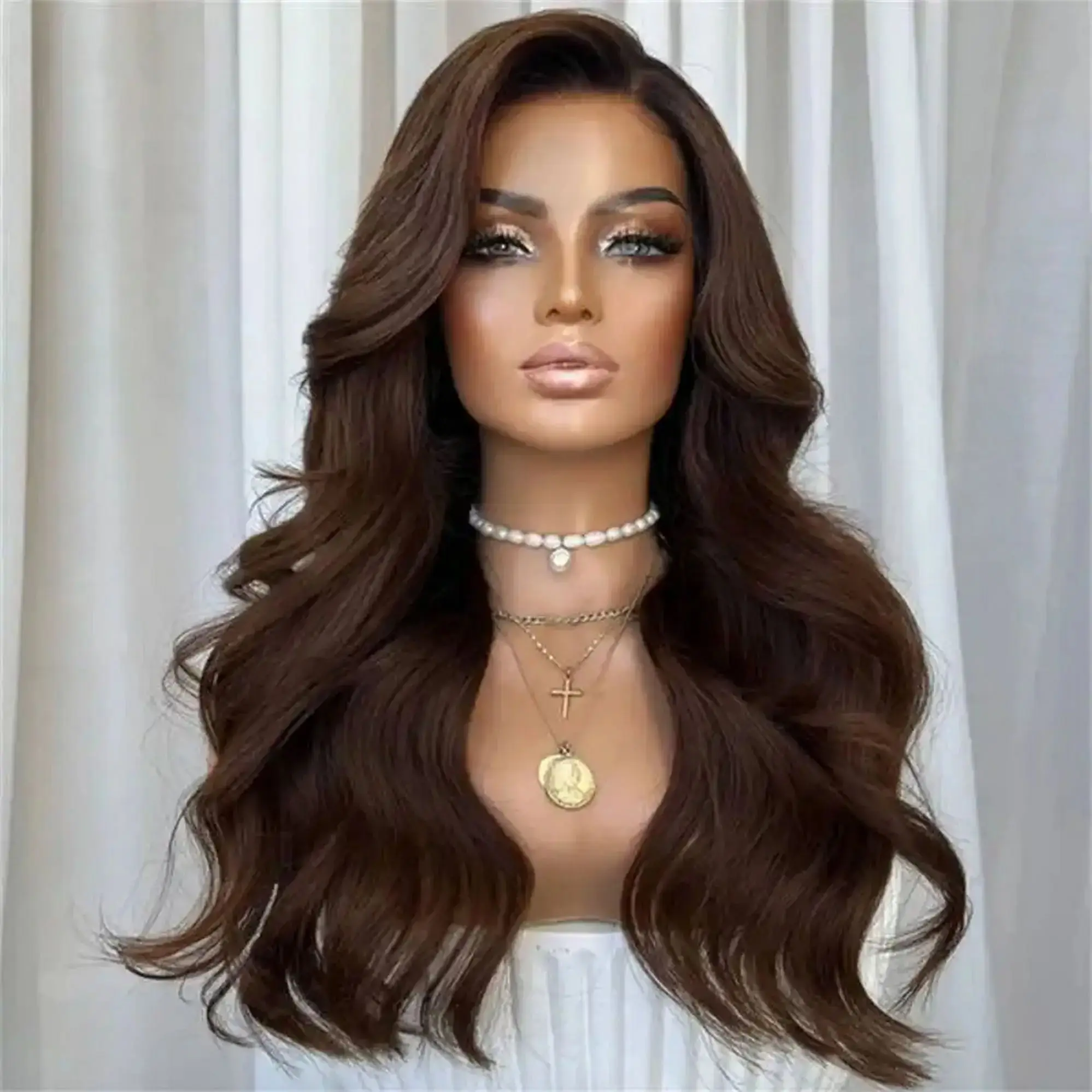 Ombre Chocolate Brown 180%High Density Synthetic HD Lace Front Wig Realistic Hairline Wig High 24 Inch Long Length Body Wave Wig