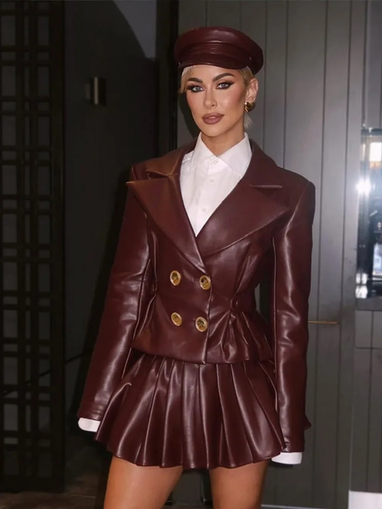 

Lapel Leather Jacket Coat Pleated Skirts Set Double Button Suit Collar Waist Cinching Slim Fit Women Jackets Short Skirt Sets