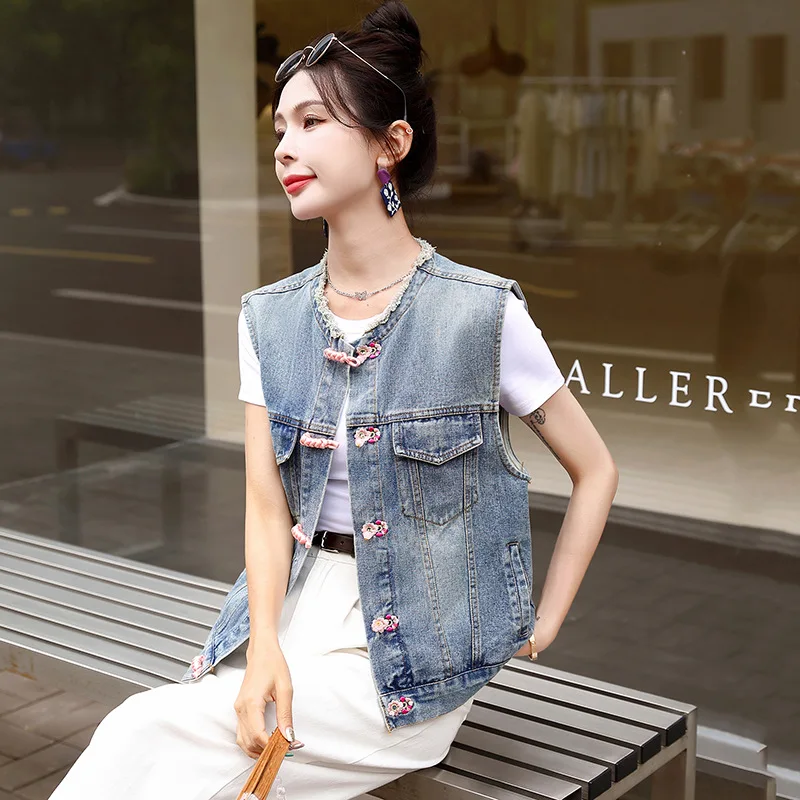 Women's Denim Vest Coat Women Sleeveless Jacket Spring Autumn Round Neck Female Jean Waistcoat Top Outerwear Ladies