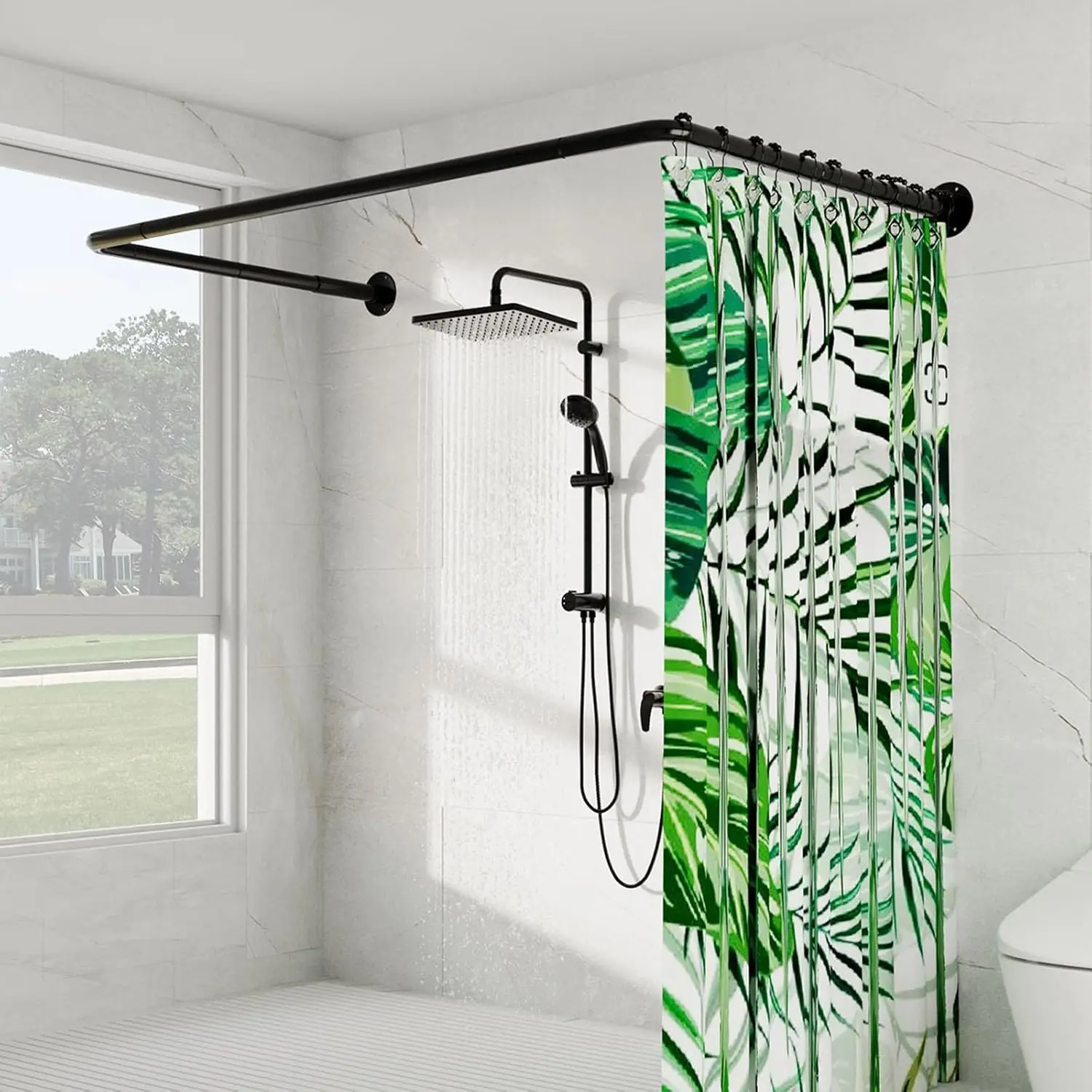 

U Shaped Shower Curtain Rod, [Both Sides: 23"-52", Middle: 31"-46.5"] Adjustable U Shape Shower Rod Black Outdoor Corner Curt