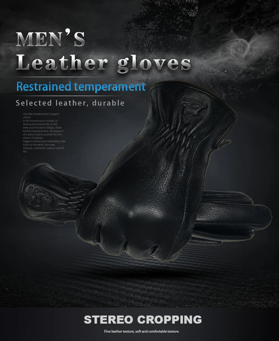 2025 New Winter man deer skin leather gloves male warm soft men's glove black three lines design men mittens sheep hair lining