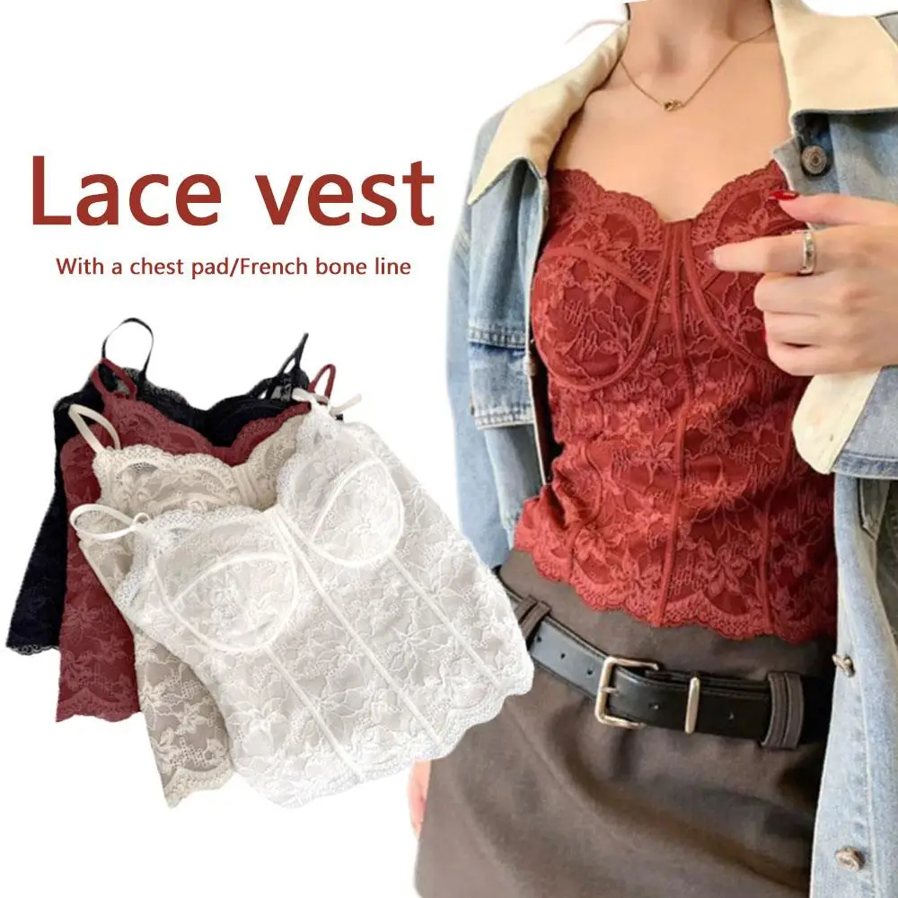 

1PC French Bone Lace Vest With Small Suspender With Chest Cushion Sexy Lace Vest Soft Spaghetti Strap Top French Style Camisole