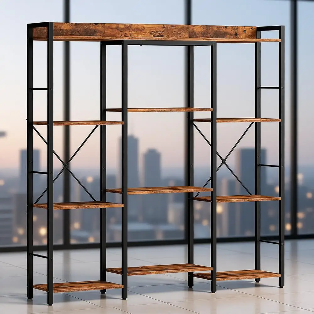Libreria a 3 livelli in stile industriale rustico, 10 ripiani, ampio espositore, soggiorno e ufficio domestico, marrone e nero
