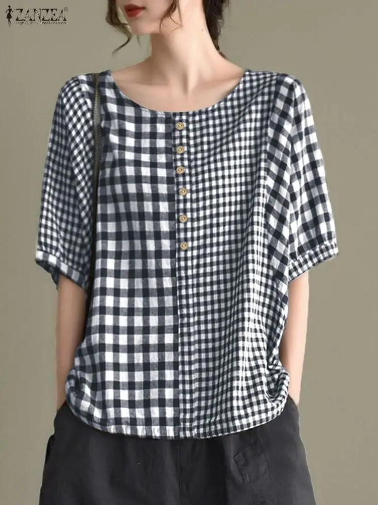 

Модная летняя клетчатая блузка с коротким рукавом 2025 ZANZEA, женские топы, повседневная свободная рубашка с круглым вырезом, стильная лоскутная рабочая блузка, женская