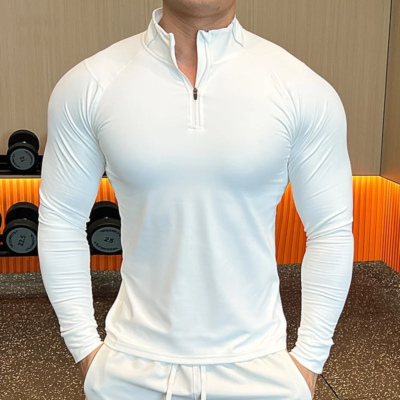 Simple Sports Semi-zipper Stand-up Collar Long-sleeved T-shirt Men Gym Fitness Slim Bottoming Quick-drying Inside Autumn Top