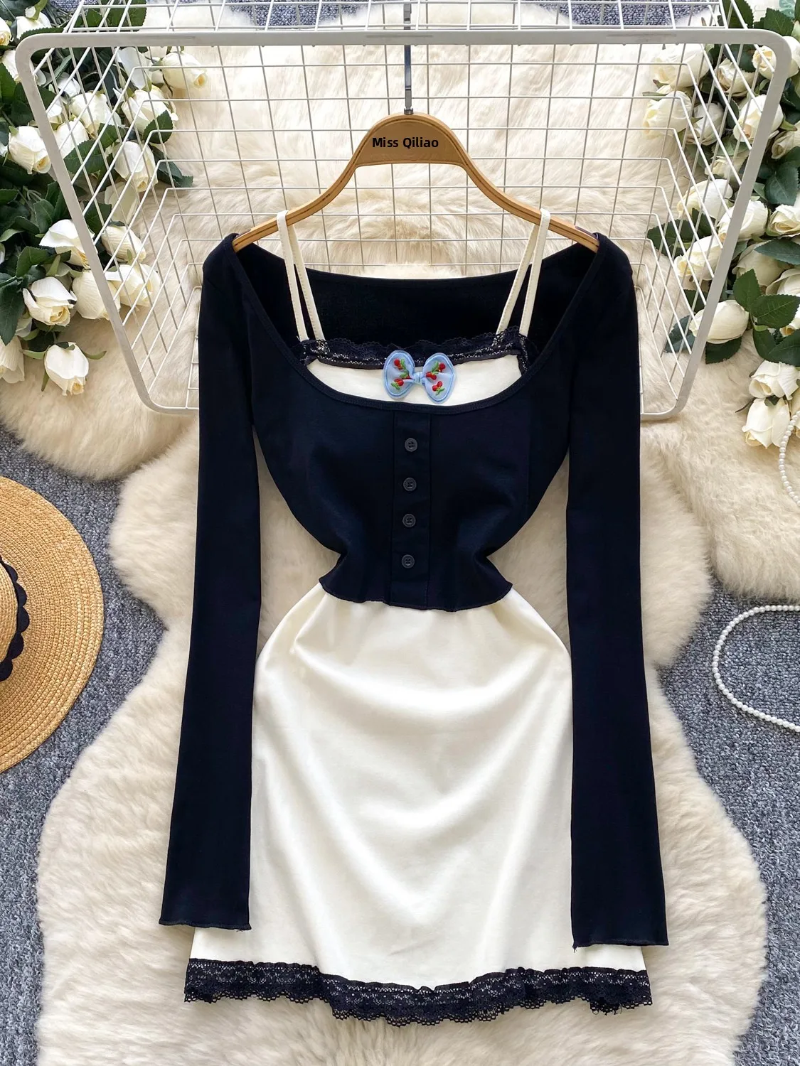 

Pure Desire Lace Splice Long Sve Dr Женский комплект ранней осени Faion с ор-прикрытием Кардиган с высокой талией Slim Fit