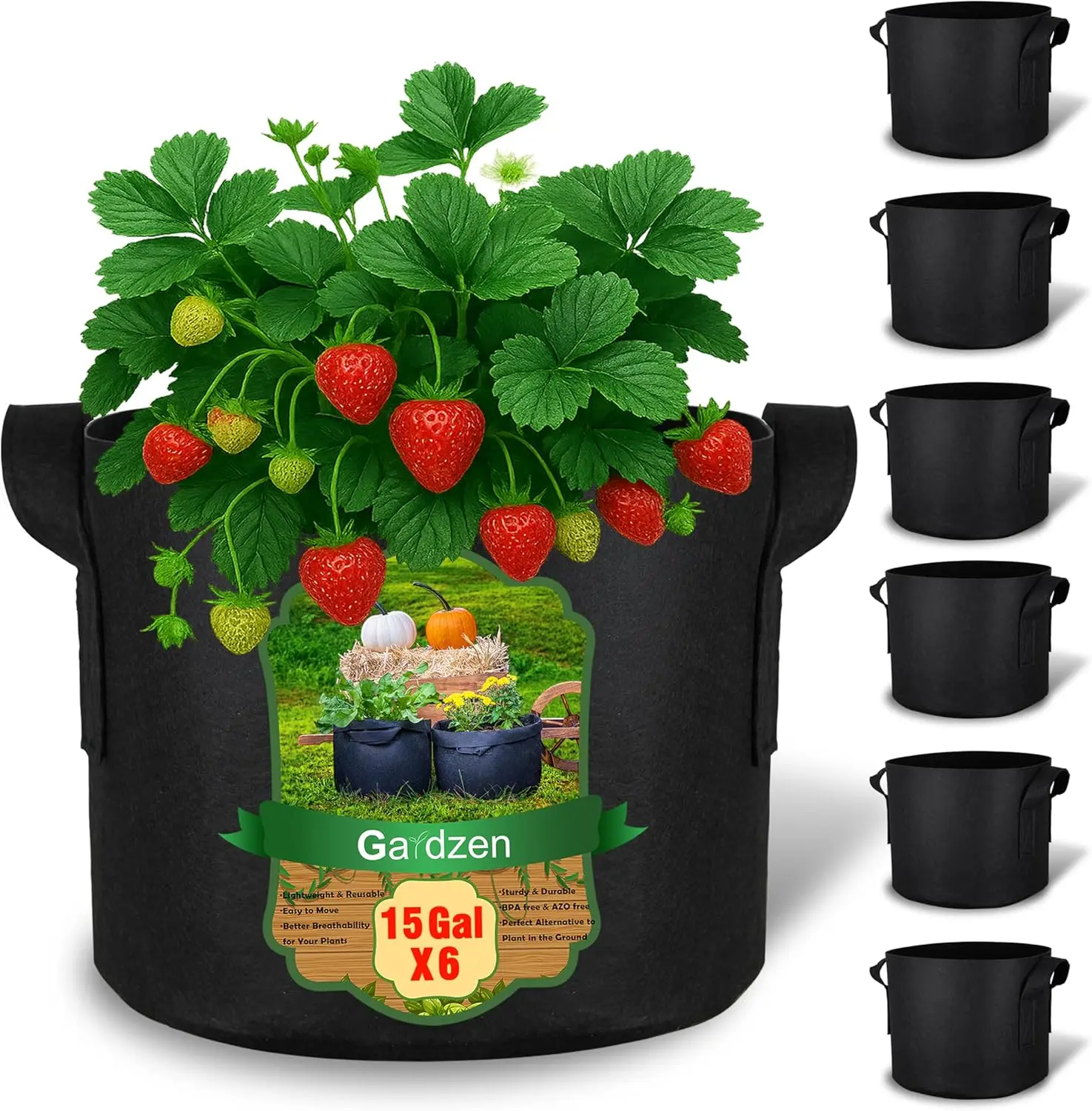 

15 Gallon Grow Bags 6-Pack, 500G Thick Nonwoven Fabric Pots with Waterproof Liner & Breathable Bottom, for Hot Dry Clima