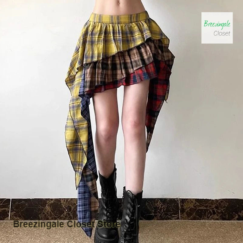 

American retro design irregular color plaid high waist skirt women's summer new fashion temperament casual Joker short skirt.