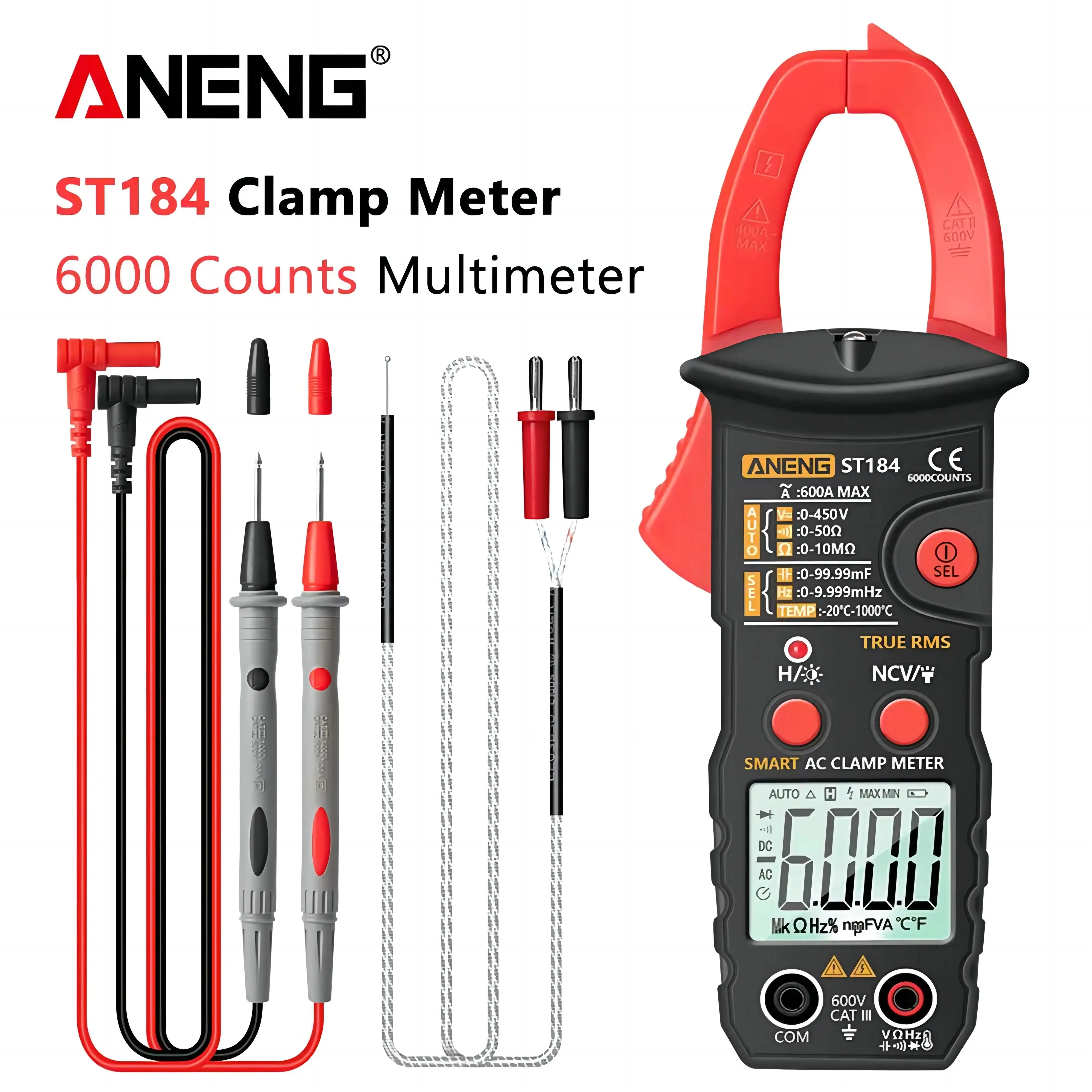 ANENG ST184 Digital Clamp Multimeter Meter 6000 Counts Professional True RMS AC/DC Voltage Current Tester Hz Capacitance Ohm