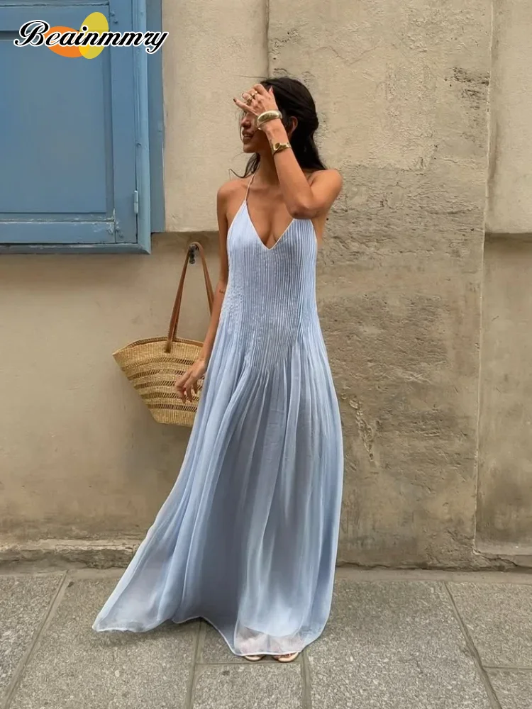 green emerald velvet dress Sexy Women Strap Maxi Dress V Neck Backless Chiffon Bandage Beach Party Dress Elegant Summer Boho Long Dress Vestidos 2021 New Gray / L main image 1