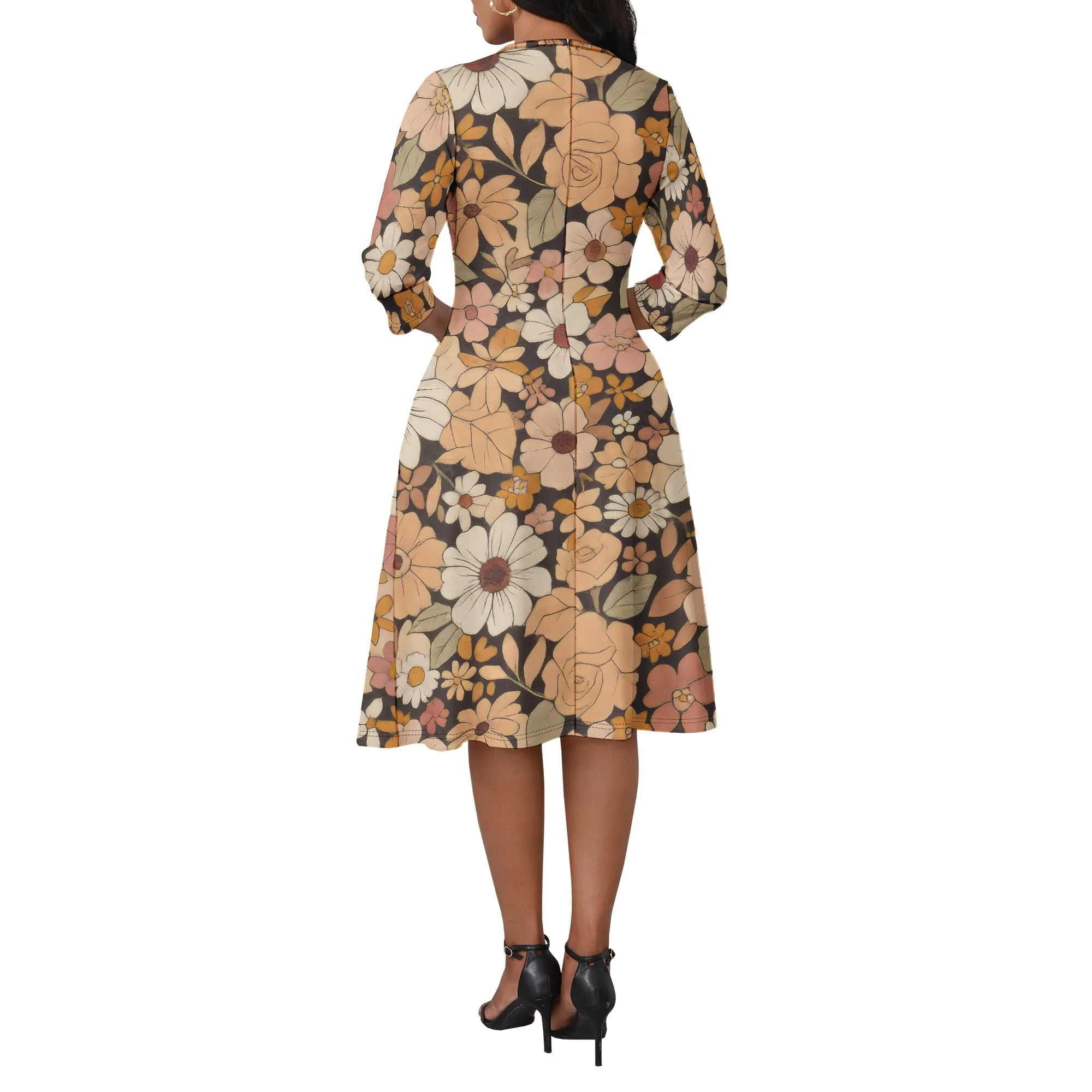 Abito da donna elegante con maniche a 3/4 sexy a vita alta con scollo a V e volant, abito longuette da cocktail party a trapezio
