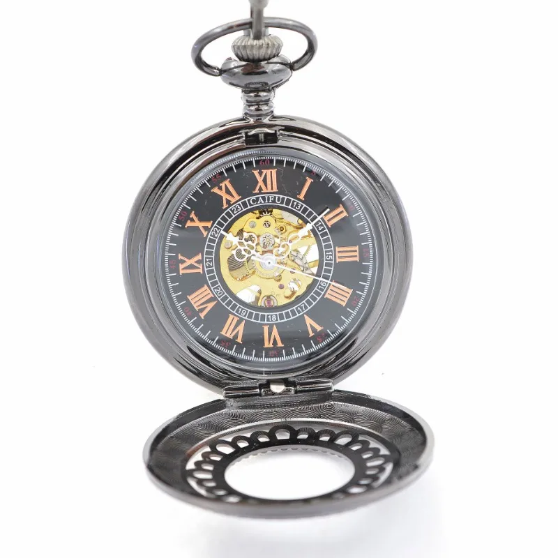 Sunflower gun black carved hollow mechanical retro flip hollow necklace pocket watch men's and women's watches