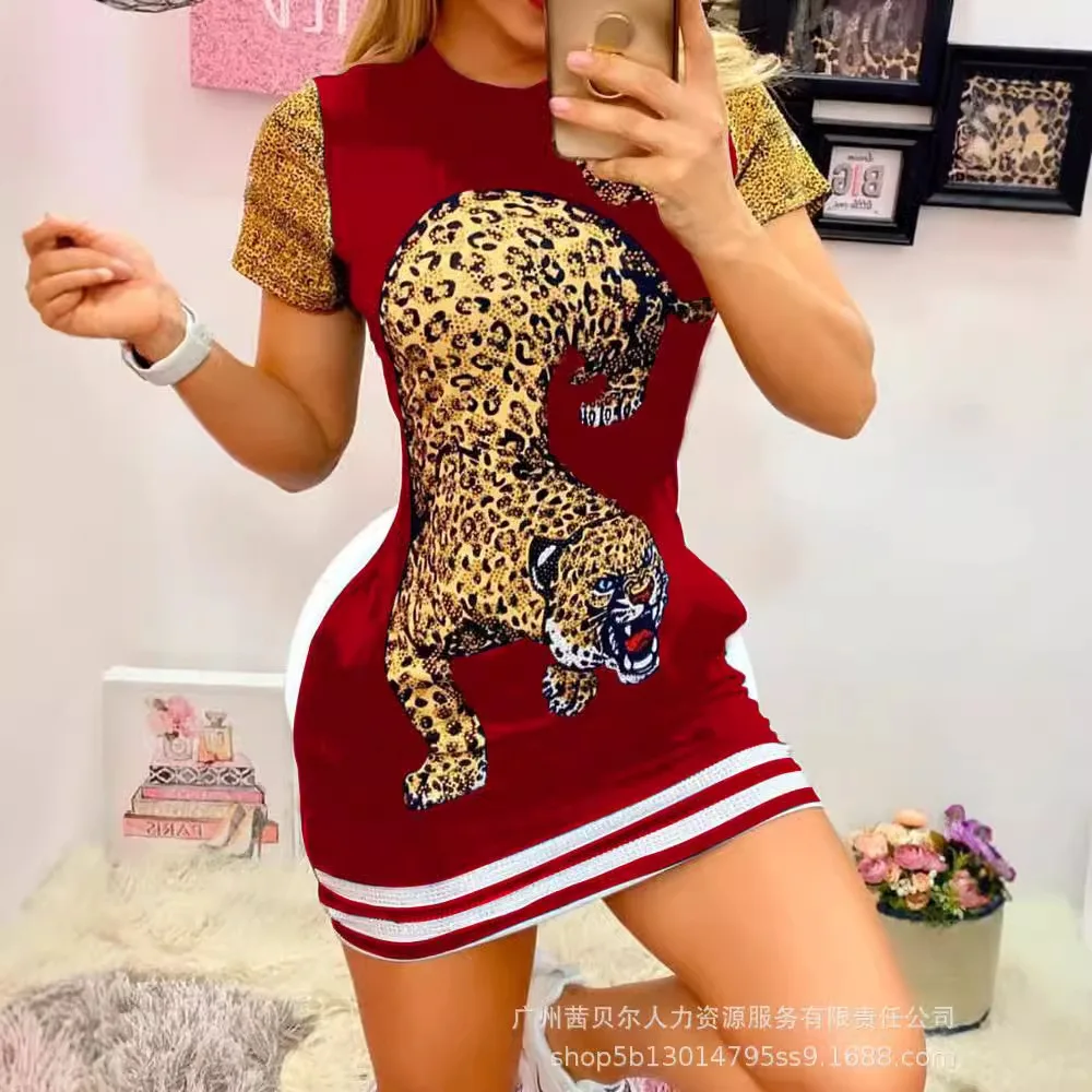 Tiger Pattern Bodycon Mini Dress Women Summer Short Sleeve Tight Sports Casual Dress O-neck Sexy Sheath High Waist Dress