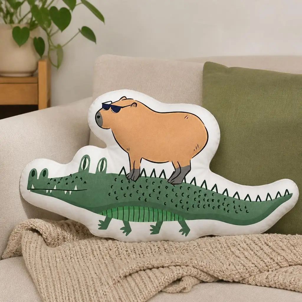 Capybara riding on a crocodile Plush Pillow Cushion Irregular Stuffed Throw Pillow Home Decor Gift Sofa Bed Couch