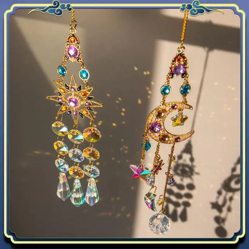 Latest 2PCS Suncatcher Crystal Pendant Kit Sun Moon Window Prisms Rainbow Vintage Wind Chimes Hanging Light Catcher Garden Decor