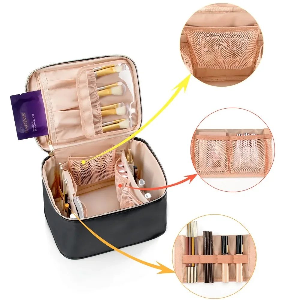 حقيبة مستحضرات التجميل الكبيرة للسفر للسيدات - منظم جلدي مقاوم للماء مع حامل فرشاة وفواصل