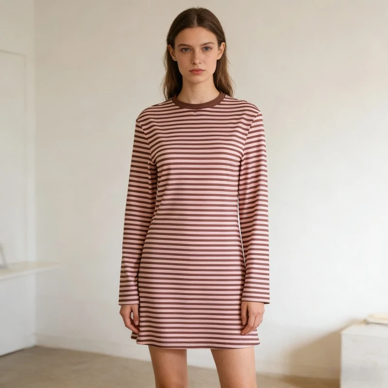 2026 New Fashion Women's Striped Long Sleeve Mini Dress Casual O Neck Slim Fit Brown Pink Dresses Spring/Autumn Long T-shirt