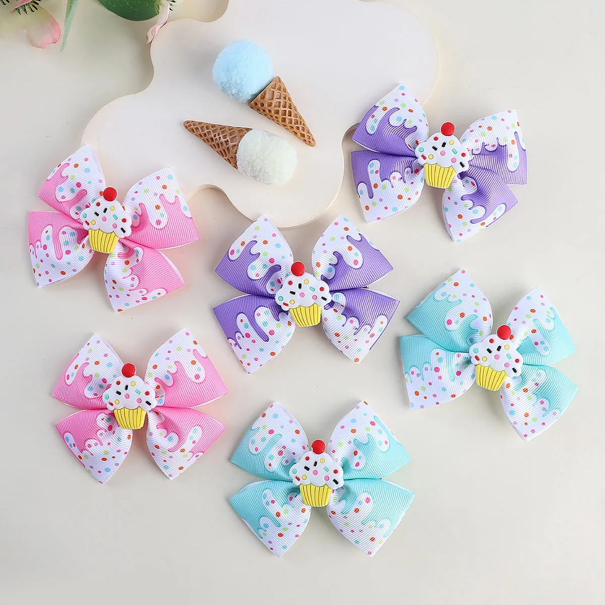 

60 Pcs/Lot, 3" Printed Grosgrain Ribbon Bow With Icecream Button Hair Clips Baby Hairpins Kids Girls Hair Accessories