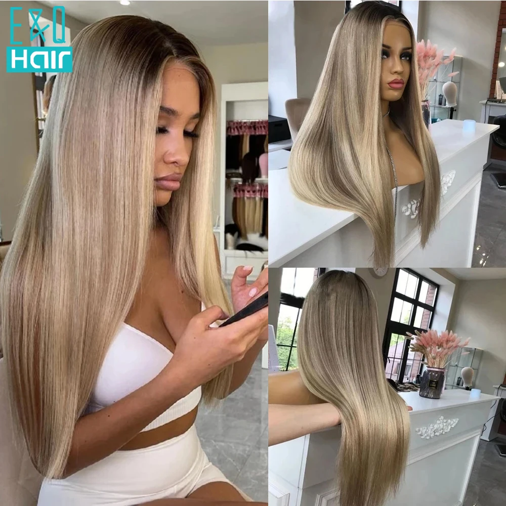 Rechte Highlight Ash Honingblonde Gekleurde 13X4 Menselijk Haar Frontale Pruiken 13X6 Transparante Kant Voorkant Pruik Voor Vrouw Te Koop