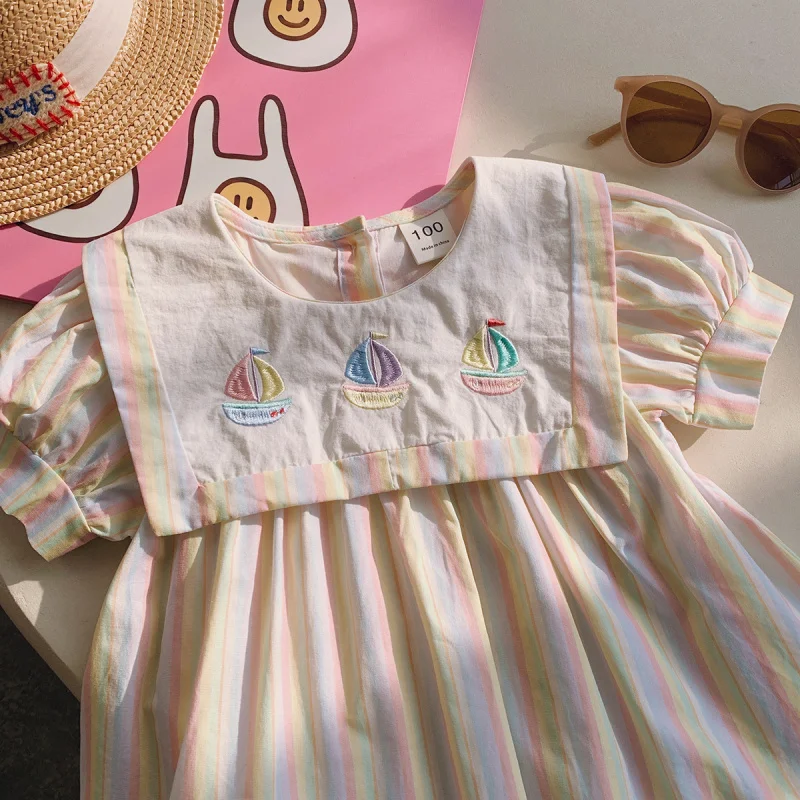 

2025Summer Children's Clothing Colorful Sailboat Embroidery Girls Dress Navy Style Striped Short Sleeve Baby Dress