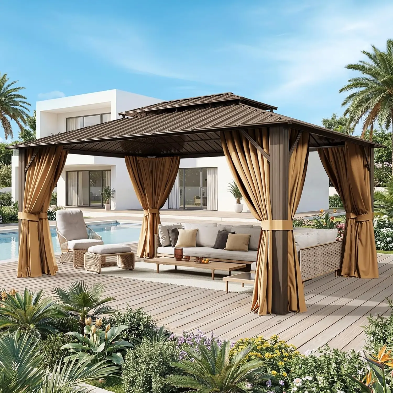 

12x16FT Hardtop Gazebo, Metal Frame with Double Galvanized Steel Roof, Permanent Outdoor Pergola with Curtains and Netting