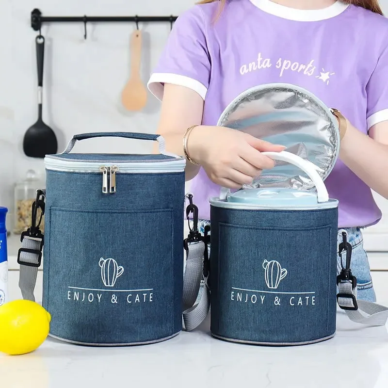 New Office Cooler Lunchbox Circular Portable Waterproof Lunch Bag Food Thermal Box With Shoulder Strap Insulated Case