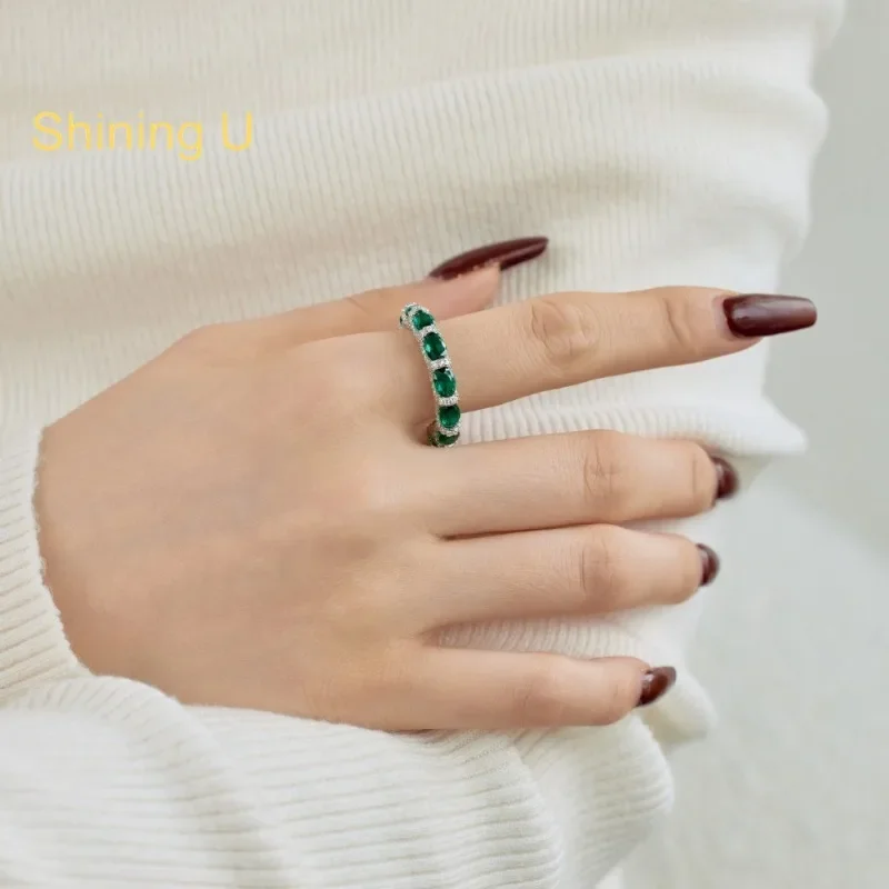 Shining U S925 Silver Oval Emerald Gems Ring for Women Fine Jewelry Party