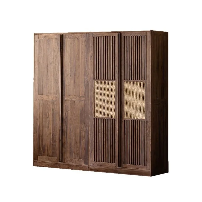 Nordic Japanese black walnut swing door wardrobe cherry wood solid wood grille rattan sliding door wardrobe